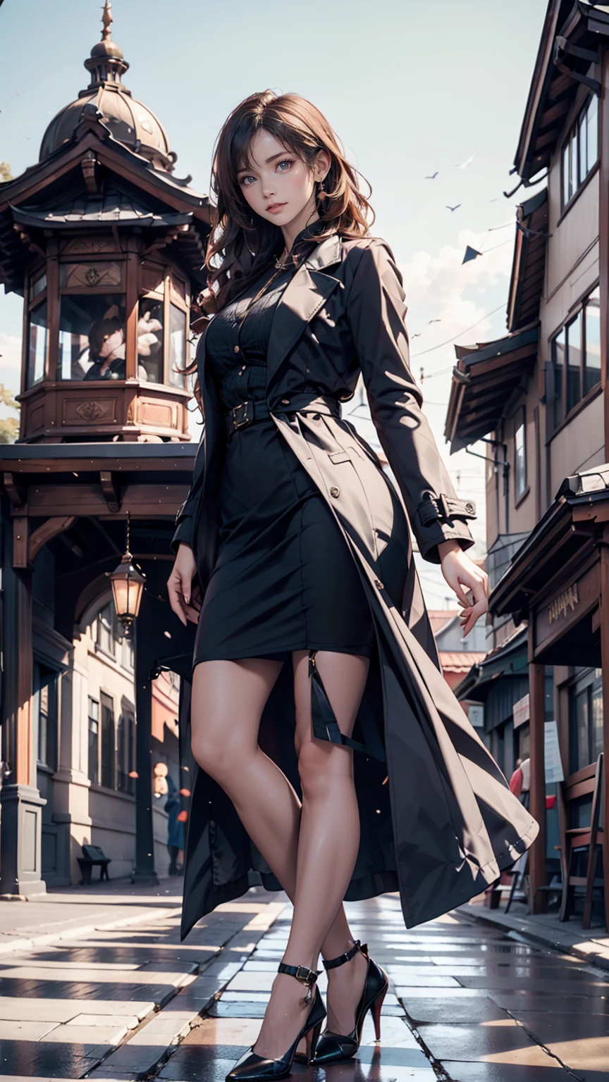 In front of a historic building、A formal woman is having her portrait taken。She is wearing a coat with a classic design.、In the background is a magnificent building.、Stiletto heels