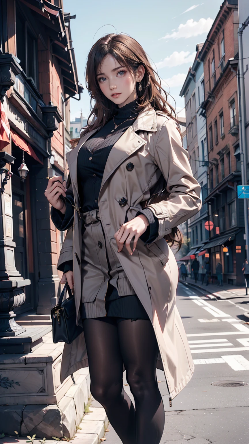 In front of a historic building、A formal woman is having her portrait taken。She is wearing a coat with a classic design.、In the background is a magnificent building.、Stiletto heels