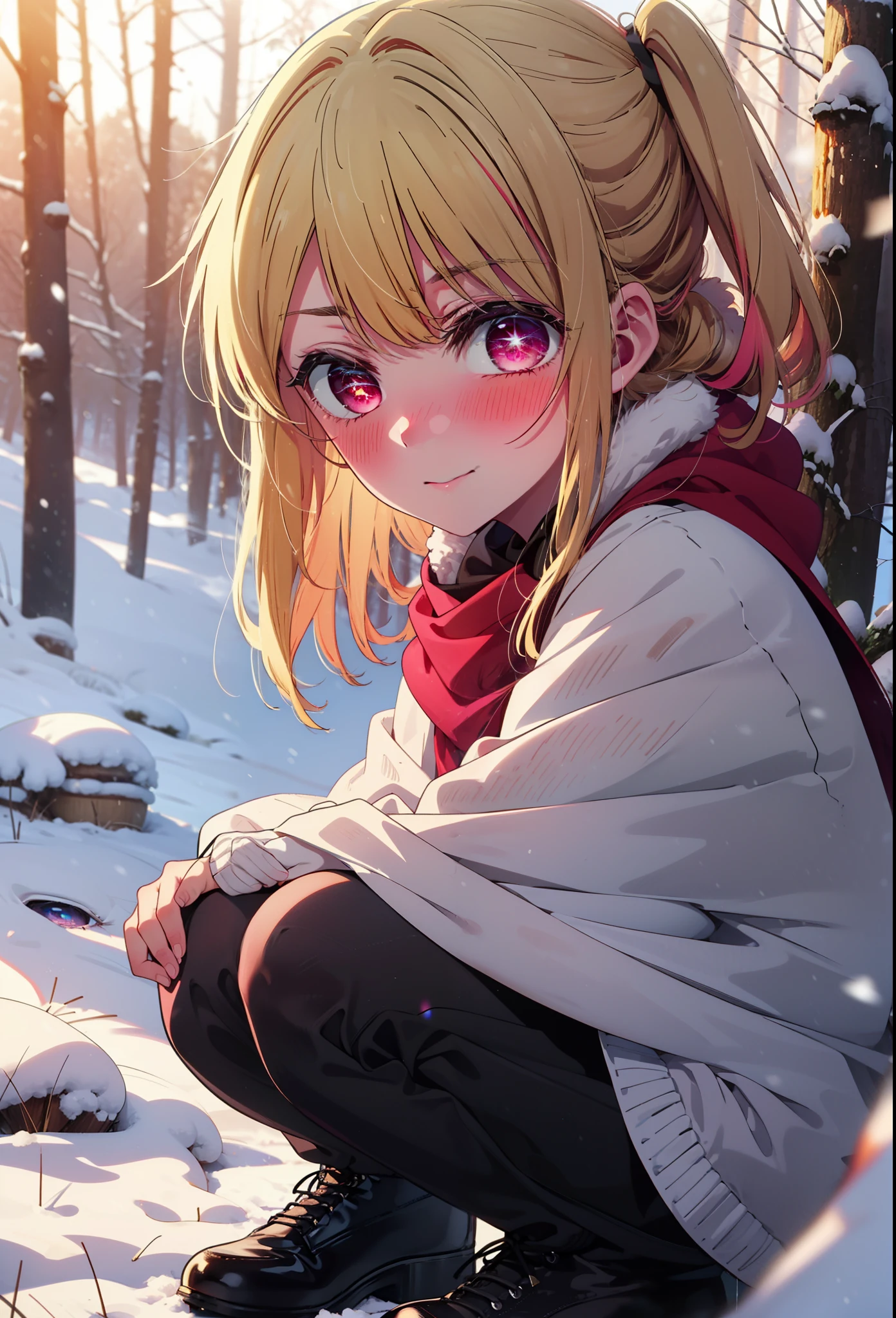 rubyhoshino, Hoshino Ruby, Long Hair, bangs, blonde, (Pink Eyes:1.3), Side Lock, (Symbol-shaped pupil:1.5), Multicolored Hair, Two-tone hair, smile,,smile,blush,white breath,
Open your mouth,snow,Ground bonfire, Outdoor, boots, snowing, From the side, wood, suitcase, Cape, Blurred, , forest, White handbag, nature, Squat, Mouth closed, Cape, winter, Written boundary depth, Black shoes, red Cape break looking at viewer, Upper Body, whole body, break Outdoor, forest, nature, break (masterpiece:1.2), Highest quality, High resolution, unity 8k wallpaper, (shape:0.8), (Beautiful and beautiful eyes:1.6), Highly detailed face, Perfect lighting, Extremely detailed CG, (Perfect hands, Perfect Anatomy),