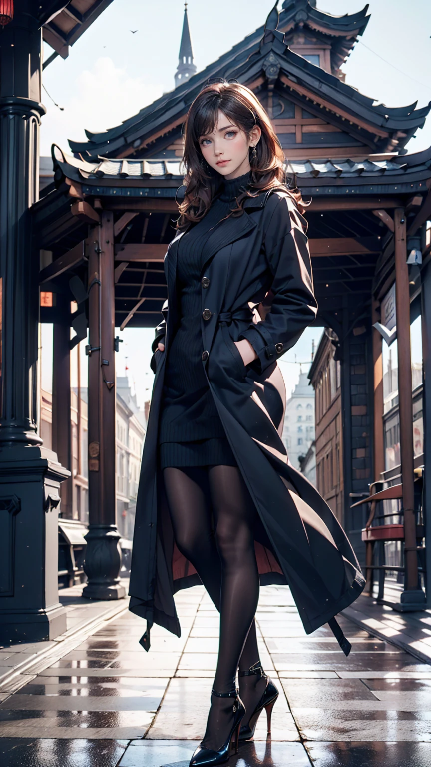 In front of a historic building、A formal woman is having her portrait taken。She is wearing a coat with a classic design.、In the background is a magnificent building.、Stiletto heels