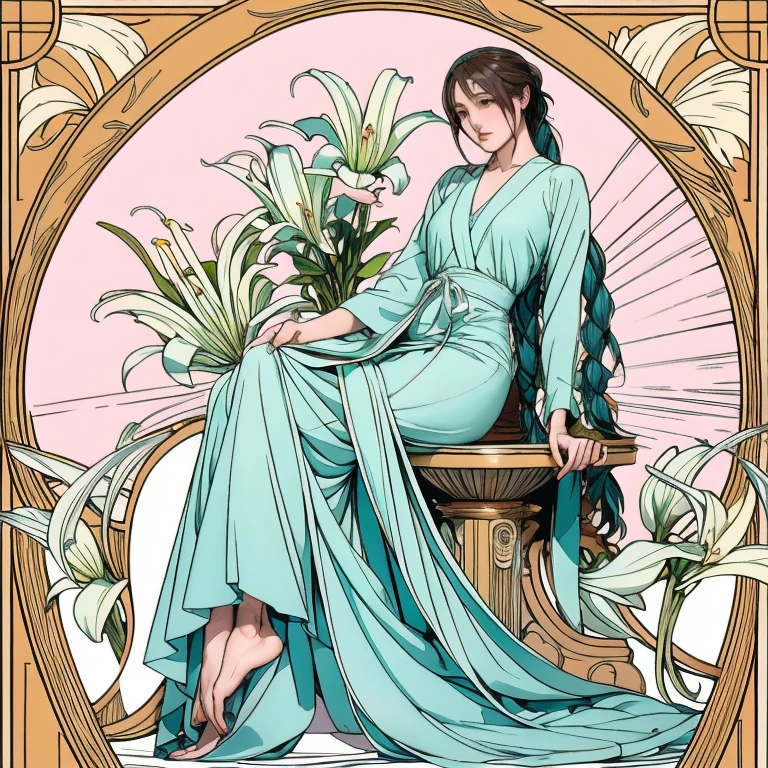 Alphonse Mucha風のポスターイラスト, Two-dimensional painting, Hatsune Miku in a pale grey ankle-length dress,Holding a bouquet of white lilies,Like the whole body,Slender,barefoot,Art Nouveau, Background plants, Hmph, Tabletop, Alphonse Mucha, Attention to detail