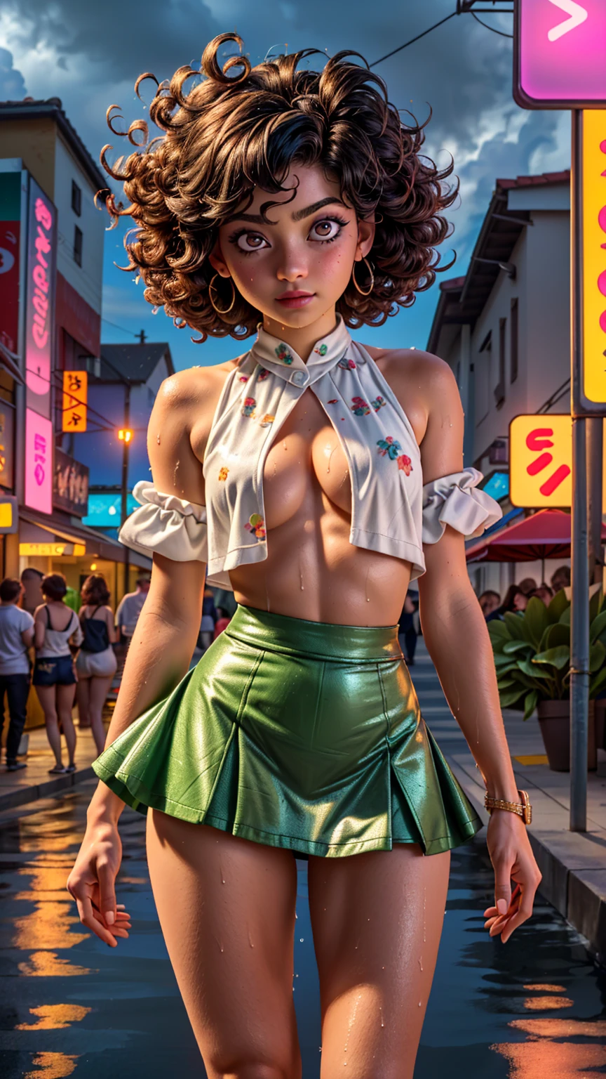 youtuber girl,(((1 girl))),((extremely cute and beautiful Unripe curly-haired girl)), (short breasts:1.4),big-ass,(((Unripe curly hair:1.35,very curly hair,colored inner hair,ear breathing,shorth hair))),(((Unripe_eyeballs:1.3))),intricate eyeballs,beautiful detailed eyeballs,symmetrical eyeballs,big eyeballs:1.3,((fatter)),(((shining skin:1.5,shining skin: 1.5,skin tanned,shining skin,very shining skin,shinny body,plastic glitter skin,exaggerated shining skin,brightened skin,wet legs))),body detailed,(face detailed), cute,slutty,seducer,erotic,(((NSFW))), zetai ryouiki,revealing clothing,show the skin,((rave mini skirt,visible thong straps,loose white blouse with anime art print)),((wetclothes,complex outfit,complex clothing)), (dynamic pose:1.0),embarrased,(centred,scale to fit dimensions,rule of thirds), cyberpunk city by the sea at night, with bright neon signs and dark clouds and storm puddles, Scenario:1.25, Artistic photography,(Photograph taken by SLDR),high resolution, sharp focus, (ultra detaild, extremely detaild), (photorealistic art:1.37),(extremely detaild CG unity 8k wallpaper),((tema de fundo synthwave)),(((swirly vibrant colors))),(intricate background),(work of art),(best qualityer),
