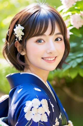 (Light makeup)、(top-quality,​masterpiece:1.3,超A high resolution,),(Ultra-detail,Caustics),(Photorealsitic:1.4,RAW shooting,)Ultra-realistic capture,（32ｋ,high detal,high-detail、​masterpiece,Attention to detail,full body Esbian,solo,Lori：1.6),Raw photo & realistic atmosphere,beautiful dark blue eyes,Detailed mouth,Glossy lips,Detailed eyebrows,Eyes drawn in detail with soft white skin that shines with every detail)、、 (Skin texture is natural、、The skin looks healthy with an even tone、 Use natural light and color, japanese, A dark-haired, long hair,(depth of fields、realisitic、8K UHD、hight resolution、(1girl in:1.2)、The ultra-detailliert、High quality textures、very detailed CG、High quality shadows, A dark-haired、Kyo-Yuzen、blue Kimono、park background , (Super cute face in idol style:1.4)、slim and beautiful figure、A smile、full body Esbian:1.2, Japanese woman in kimono, 25 years old, hydrangeas flower background, standing under hydrangeas flower, natural lighting, dark brown hair, big smile, colorful kimono