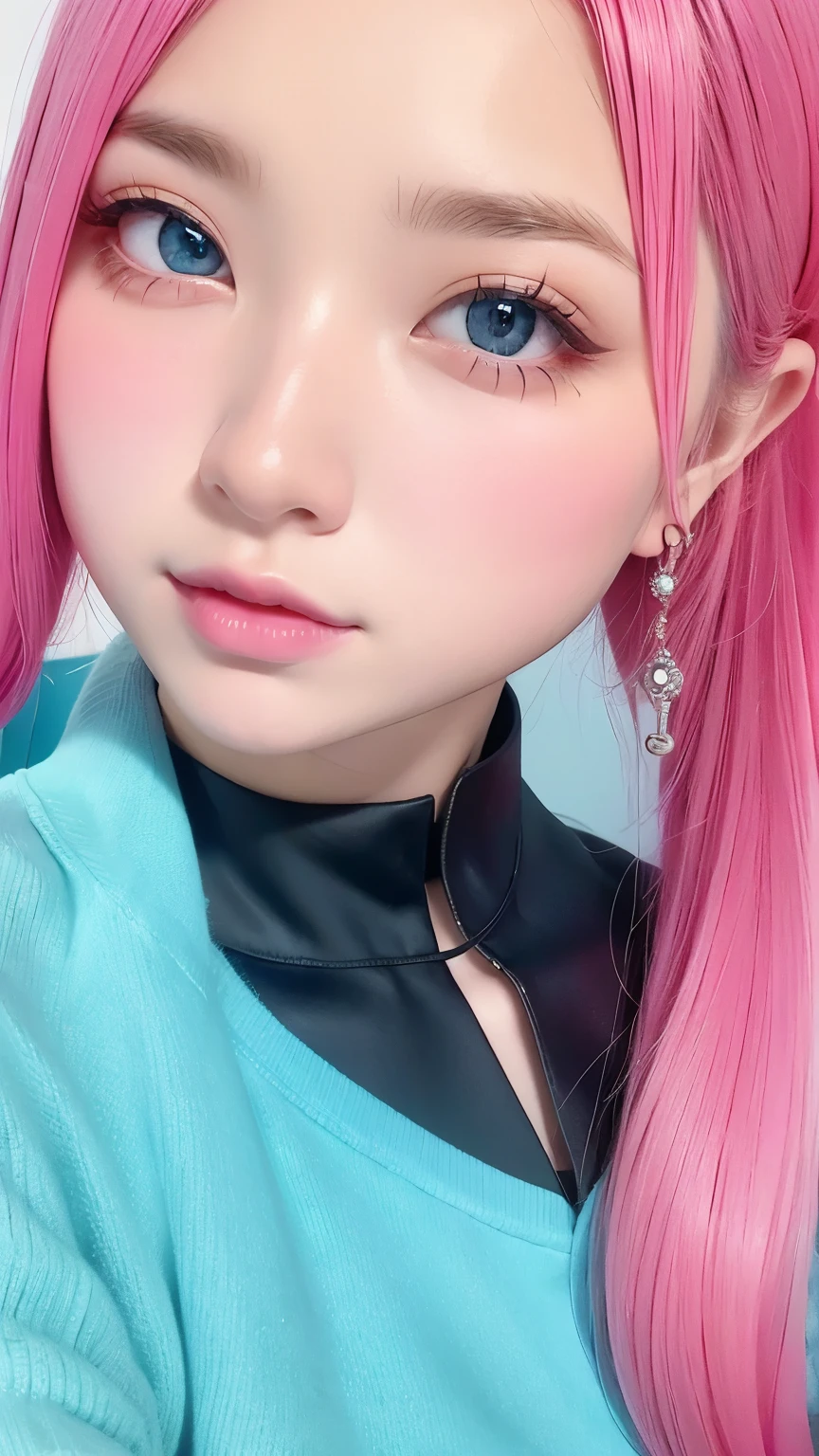 rainbow, One Girl, alone,So cute, Long Hair, Show Viewer, Blue Eyes Background, White Background, jewelry, Mouth closed, Jacket, Upper Body, Pink Hair, Earrings, Pink Eyes, necklace, From the side, sweater, lips, eyelash, Compensate, Wavy Hair, Earrings, cross, lipstick, 耳のEarrings, eye shadow, hoop Earrings, ピンクのlips, Variegated eyes, Pink Theme, , ピンクのeye shadow,