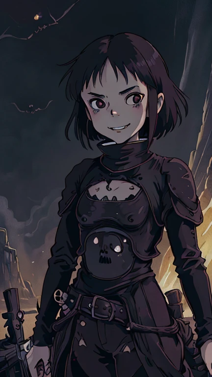(8k),(masterpiece),(Japanese),(17-year-old girl),((gothicpunkai)),((ghibli style art style)),From the front,upper body,Cowboy shot,smile,cute,Innocent,Kind eyes,Flat chest,Black Hair,night,dark,gothicpunk background