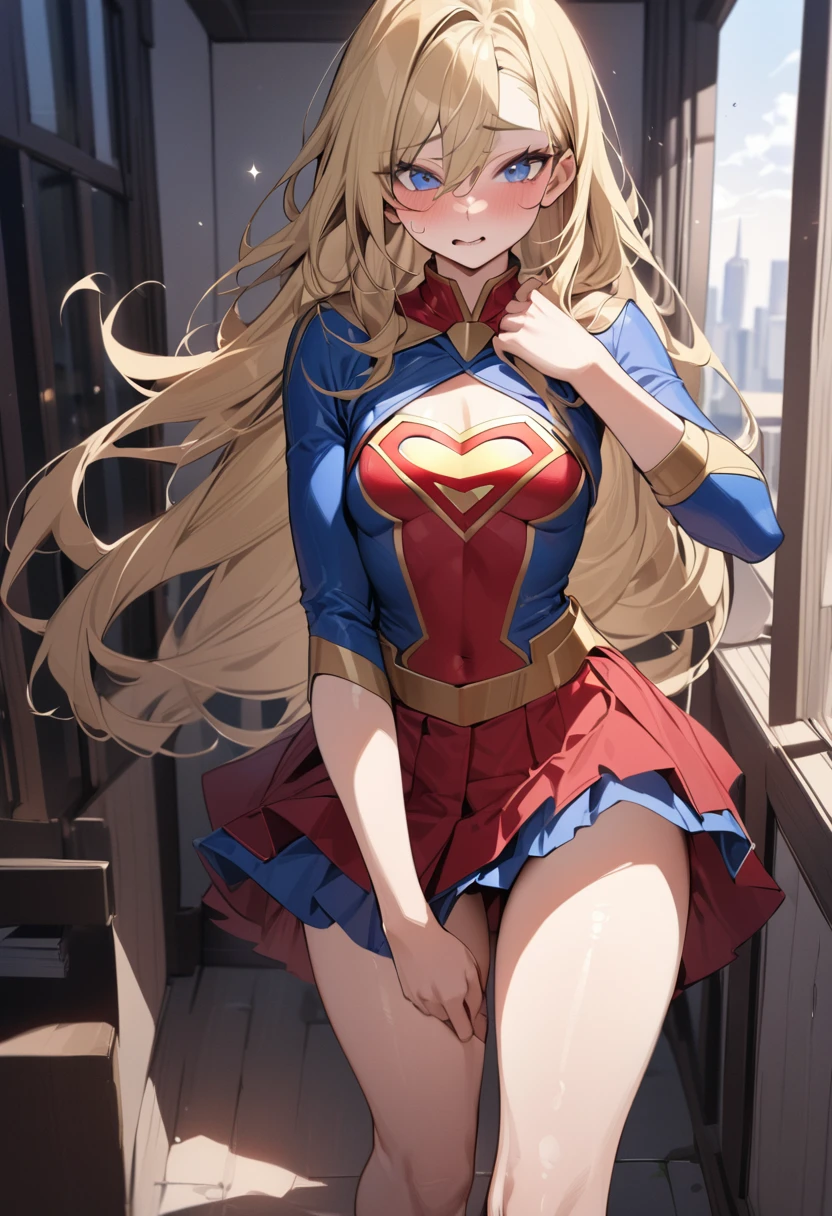 ((Highest quality, masterpiece, nonsense)),One girl:1.9, sexy, ( 18-year-old, Expressive blue eyes, shoulder-length blonde hair, Long Hair,loose and voluminous hair),Dress up as Supergirl (supergirl suite custom cosplay), Red pleated skirt,Naughty, terrace of 1 building
