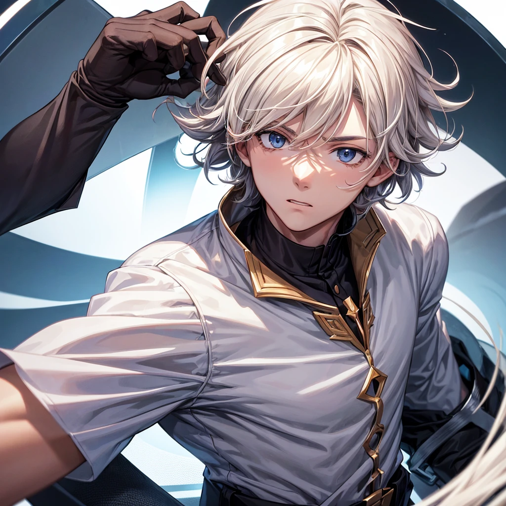 Male boy animated character with white, slightly wavy hair that appears a bit messy. The character is wearing a dark-colored top with a high collar. The face is obscured by a blurred rectangular area, making it difficult to discern any facial features