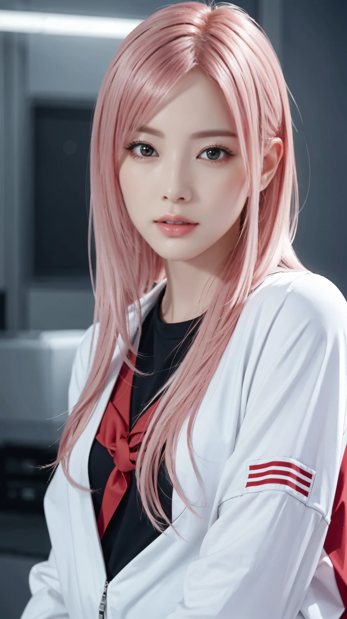 Close-up of two women with pink hair and red jackets, Anime realism style, Unreal 5. RPG Portrait, cgsociety portrait, Realistic art style, Smooth anime CG art, Photorealistic Anime Girl Rendering, Realistic anime 3D style, Loss Draw 1. 0, Realistic 3D animation, ArtJam ; 3d unreal engine, Realistic anime art style，The background is space，