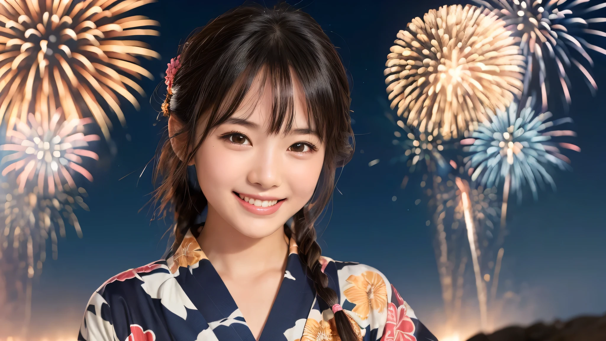 kawaii, (1girl), (happy smile:1.2), (yukata), (Best Quality:1.4), Realistic, extremely detailed CG unified 8k wallpaper, highly detailed, High-definition raw color photos, professional photography, Close up portrait of girl, Outdoors, Beautiful scenery, beach, (The night sky, fireworks, beautiful fireworks spreading across the sky:1.4), upper body photos, A wonderful, (Fine face:1.2),