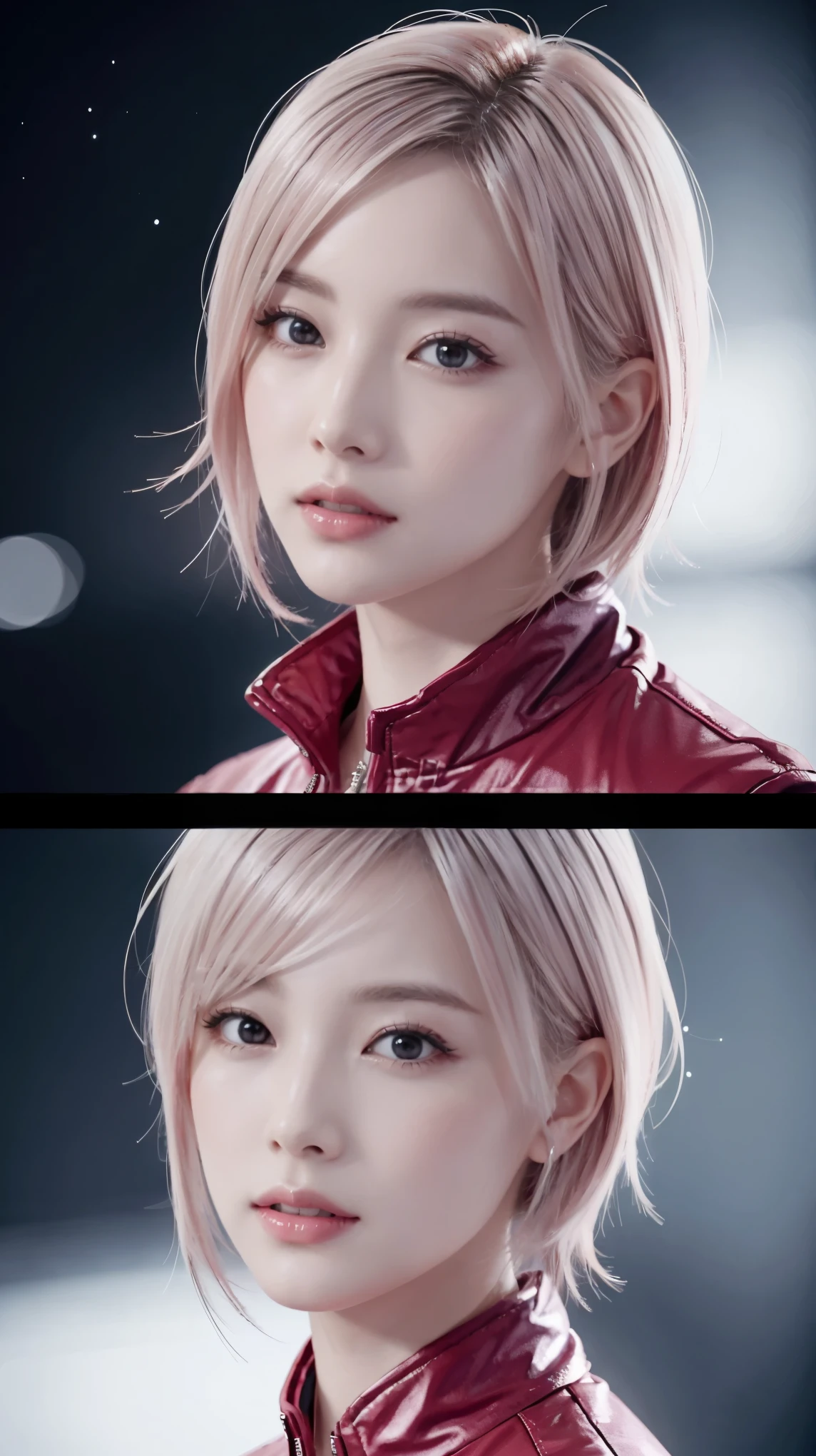 Close-up of two women with pink hair and red jackets, Anime realism style, Unreal 5. RPG Portrait, cgsociety portrait, Realistic art style, Smooth anime CG art, Photorealistic Anime Girl Rendering, Realistic anime 3D style, Loss Draw 1. 0, Realistic 3D animation, ArtJam ; 3d unreal engine, Realistic anime art style，The background is space，