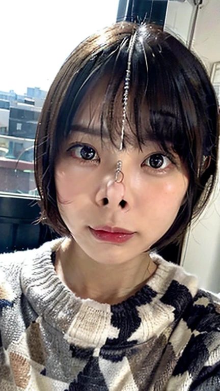 (Highest quality,masterpiece:1.3,Ultra-high resolution),(Very detailed,Caustics,8k),(Realistic:1.4,RAW shooting),(A girl with a displeased expression puffing out her cheeks),Bedroom,Sit on the bed,Look forward,18-year-old,Japanese,cute,Black short hair,Watery eyes,Shining Tears,Upward glance,Looking into the camera,sweater,big ,Face Focus,Face close-up,Bust up shot,(High position),(High Angle),Natural light,Angle from below,Looking at the ceiling from below,Spotlight on your nostrils,Nose hook,