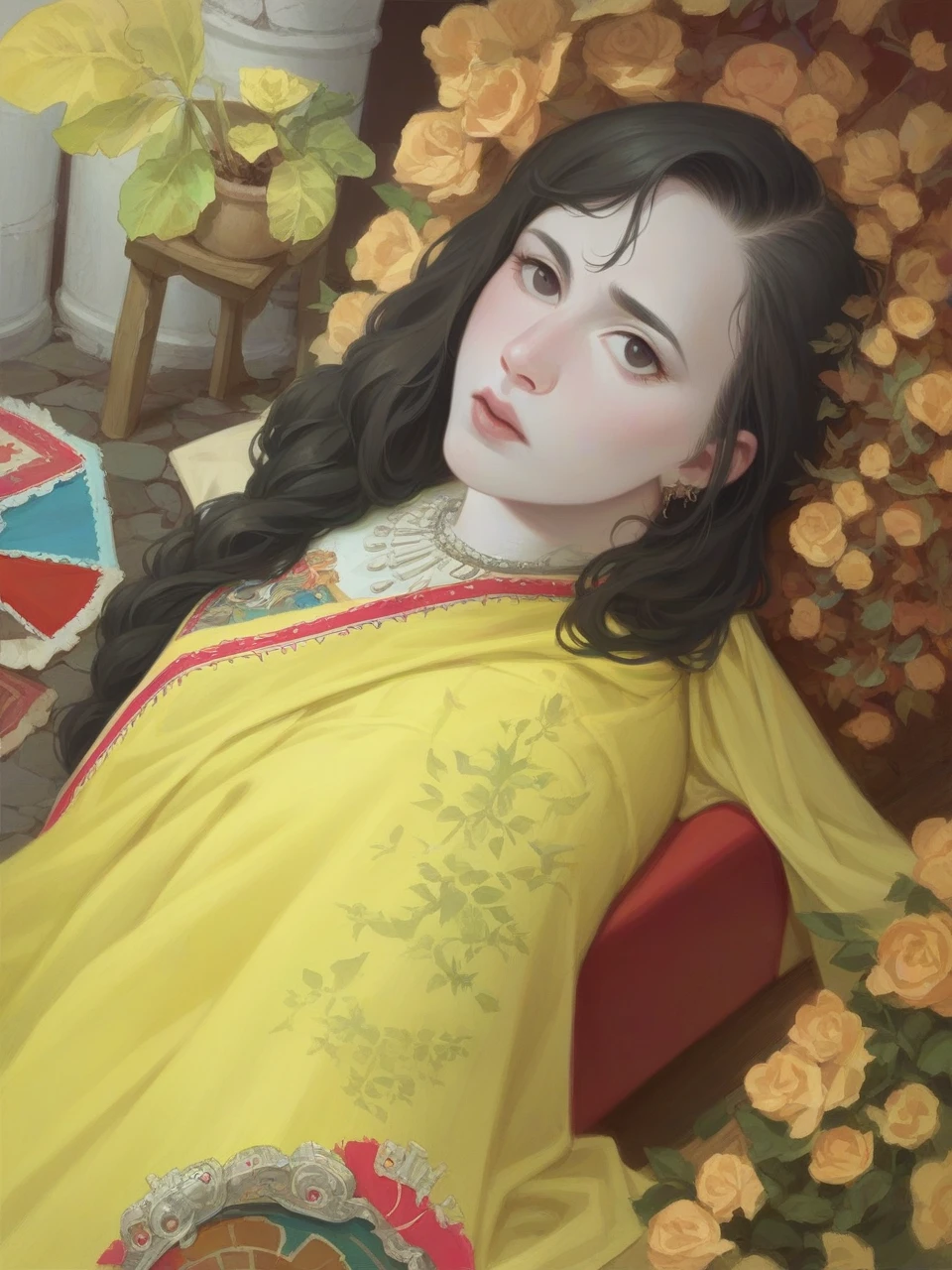 modelshoot style, (extremely detailed CG 8k wallpaper), in the center of the room a wide and long wooden table with food scraps, An old and wide room, with stone walls and little high, without ceiling, at the back of the room there are Roman stone arches in ruins open to a garden