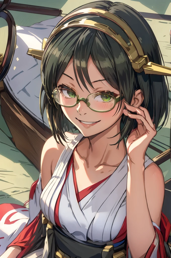 Highest quality, masterpiece, High resolution, alone, {Kirishima_Fleet Collection}, short_hair, Glasses, black_hair, hairband, Non-traditional_Shrine maiden, Green Frame_Glasses, headgear, smile, One girl, 