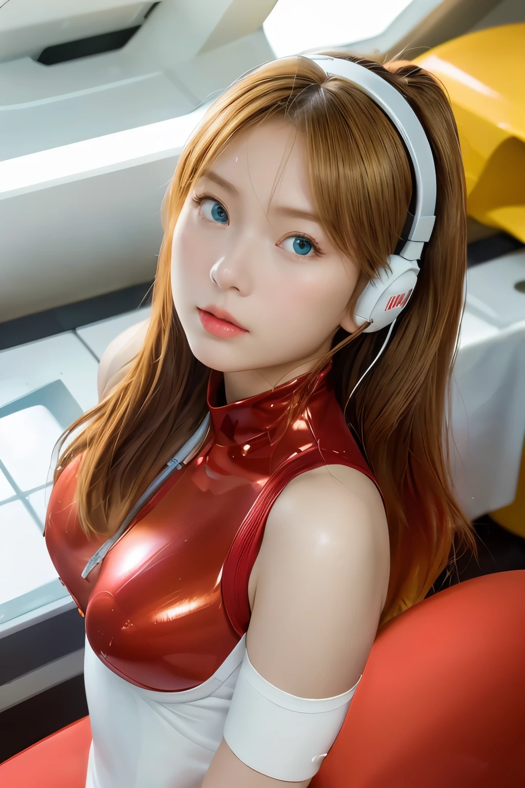 (overhead view),dynamic angle,very detailed, illustration, enlargement, upright, 1 woman, 
 ((Sour Asuka Langley, interface headset, red bodysuit:1.4, blonde)),Her eyes shone like dreamy stars,(shining eyes:1.233),(beautiful and delicate eyes:1.1),(expressionless,closed mouth),(standing), 
(Mechanical room with tools and spaceship windows in white spaceship),
(night:1.2),dreamy, [[delicate fingers and hands:0.55]::0.85],(Detail Fingers),