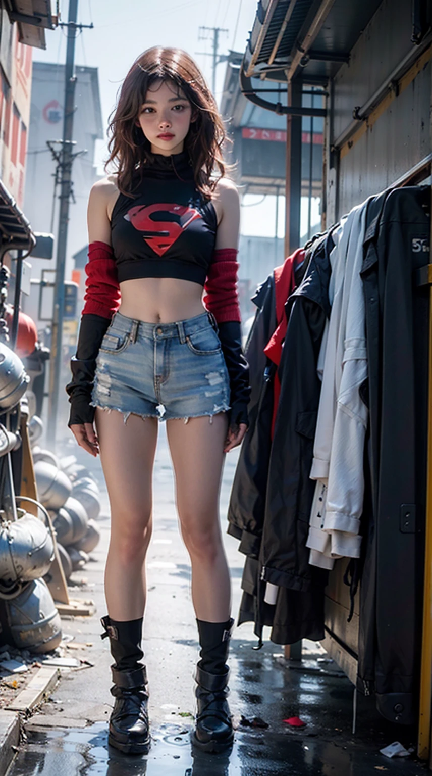 ((Full body shot, standing, feet on the ground)) unreal engine: 1.4, CG K ultra realistic, photorealistic: 1.4, skin texture: 1.4, masterpiece: 1.4, Beautiful woman wearing a sexy Supergirl outfit, red hair, blue eyes, underwear Detailed background, super cyberpunk costume. wide chairs,An apocalyptic city of fire, showing the plane,Minifalda roja,, beautiful thin hands,
