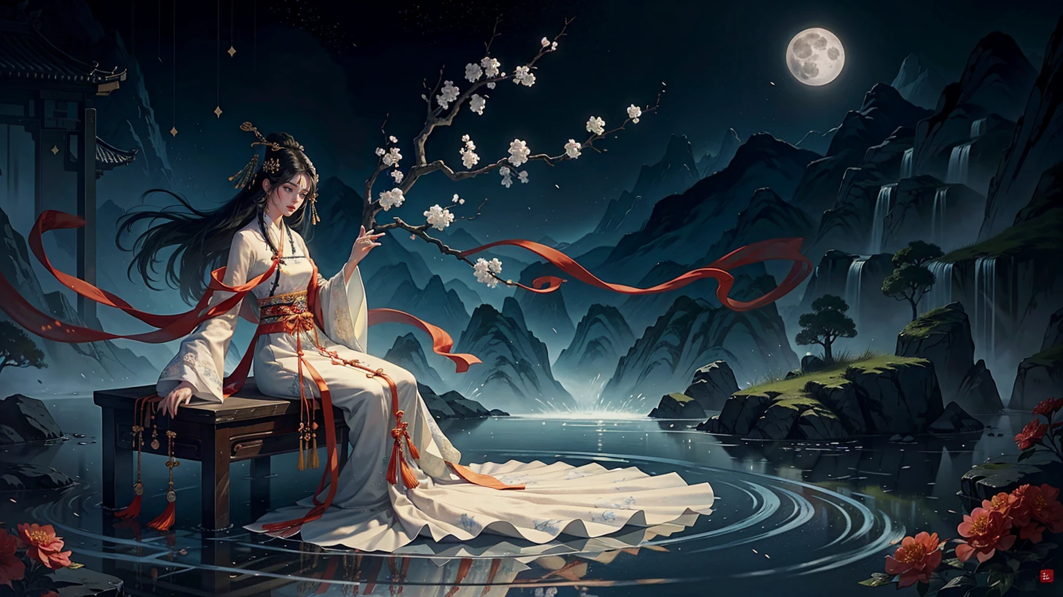 Official Art, Unity 8K wallpaper, Extremely detailed, beautiful and aesthetic, masterpiece, best quality, For the world,You may be alone,But for someone,You could be the whole world, paradox, Adrian Genius, Jenny Savile, Edward Hope, Surrealism, The Dark Arts of James Jean, Takato Yamamoto, 墨water朋克极简主义, fashion magazine, Editorial Photography, gufeng, moon, Tree, Solitary, water, flower, Branches, night, Black Hair, Back to, shawl, full moon, (1 Korean girl,Sexy facial features,Sexy fingers), in Tree, Long hair, Sky, sit, Chinese clothes, Hanfu, crescent moon, permanent, outdoor,