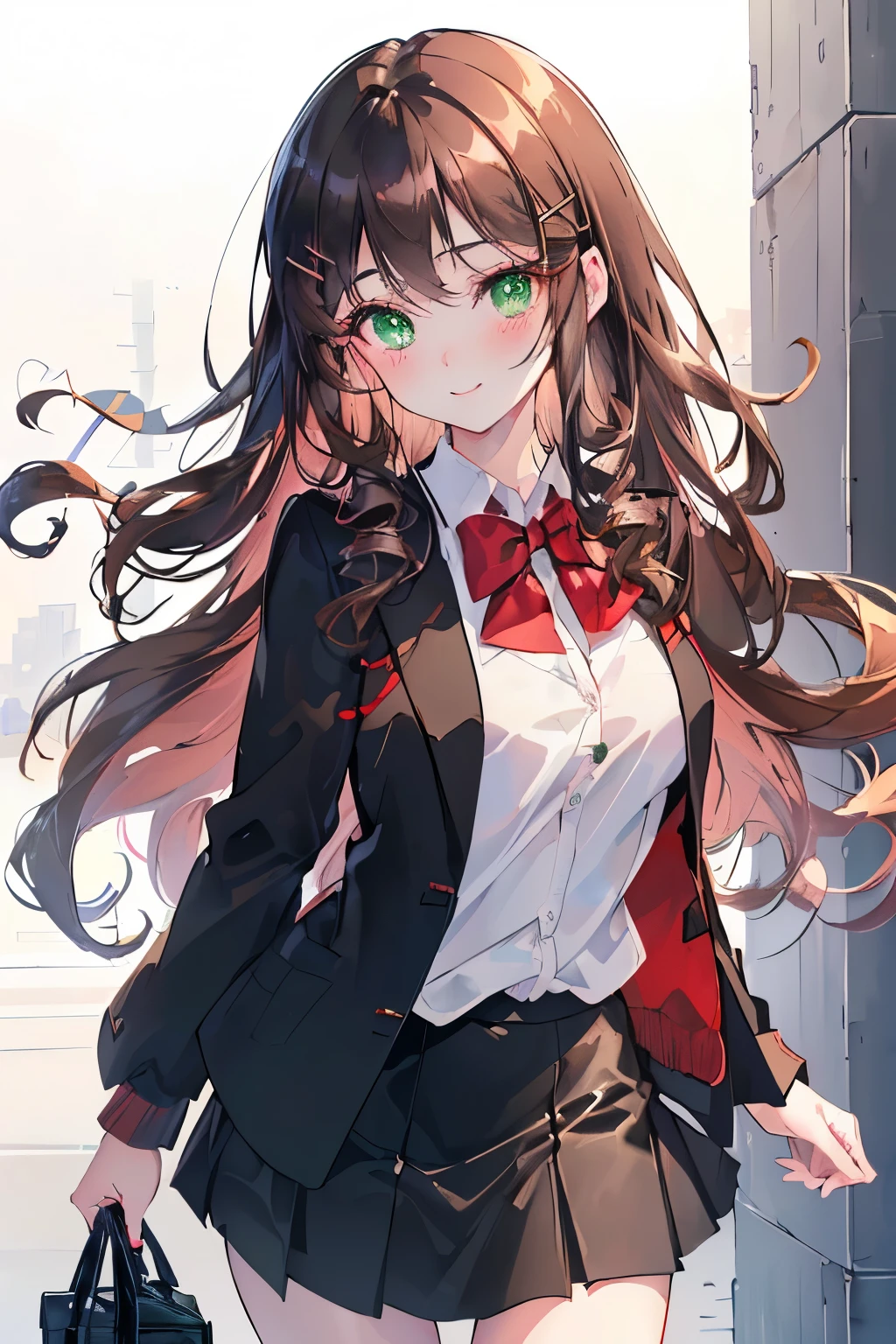 ((masterpiece, Highest quality, High resolution, 超High resolution, Pixel perfect, Written boundary depth, 4K, RTTX 10.0, High resolution))), 1 girl, single, alone, Beautiful Anime Girls, Beautiful art style, Anime characters, ((Long Hair, bangs, Dark brown hair, Curly Hair:0.4, Simple hairpin)), ((Green Eyes:1.4, Round eyes, Beautiful eyelashes, current eyes)), ((Detailed face, blush:1.2)), ((Smooth texture:0.75, Anime CG style)), Medium chest, ((Dynamic Angle, throw, close)), Perfect body, ((Red bow tie, , Black jacket, Open jacket, Brown cardigan, White shirt, Black Skirt, Checked skirt)), smile,