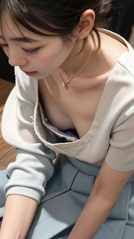 Japanese teenage girl, Downblouse , munechira,(((Small breasts))),(slender) , ((Flat Chest )), bend your body, sign at a counter, ( from Above:1.3), upper body, close up, necklace , ((highly detailed bra with embellishments)) ,Overlap white smock blouse, short hair,8k, highest quality, masterpiece, Ultra-high resolution, (realism: 1.4), Original photo, (Real skin texture: 1.*****ung Face、Young Body、long skirt(masterpiece:1.2, highest quality), (Very detailed:1.3), One Girl,short hair, in wedding party reception,oversized bra, nipslip