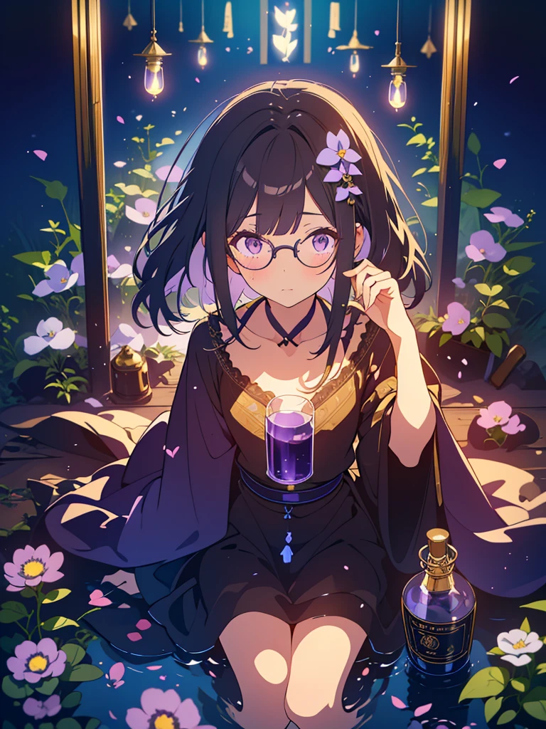 kawaii, anime, Cute, hyper quality, highly detailed, 8k, Clarity, Draw faicial expressions in detail, Two girls with long dark brown hair, One of the girls has green eyes, One of the girls has golden eyes, black witch robe costume, Bell-shaped aconite flowers are in full bloom., in the dark forest, Bell-shaped purple aconite flowers, Stinking eyes, bird's eye view, creepy look, make a magic potion, Holding a test tube containing an ominous black liquid in his hand, Glowing butterflies dance around, pale light of fireflies, whole body, Half of his face is hidden by a pitch black robe, aura of darkness, holding a flask containing a poisonous liquid, bell-shaped aconite flower, experiment, Magic potion research, the study, dark magic, aconite, purple aconite, Aconite flowers at my feet, Aconite flower close up in the foreground, experiment tools, glasses, upward glance,