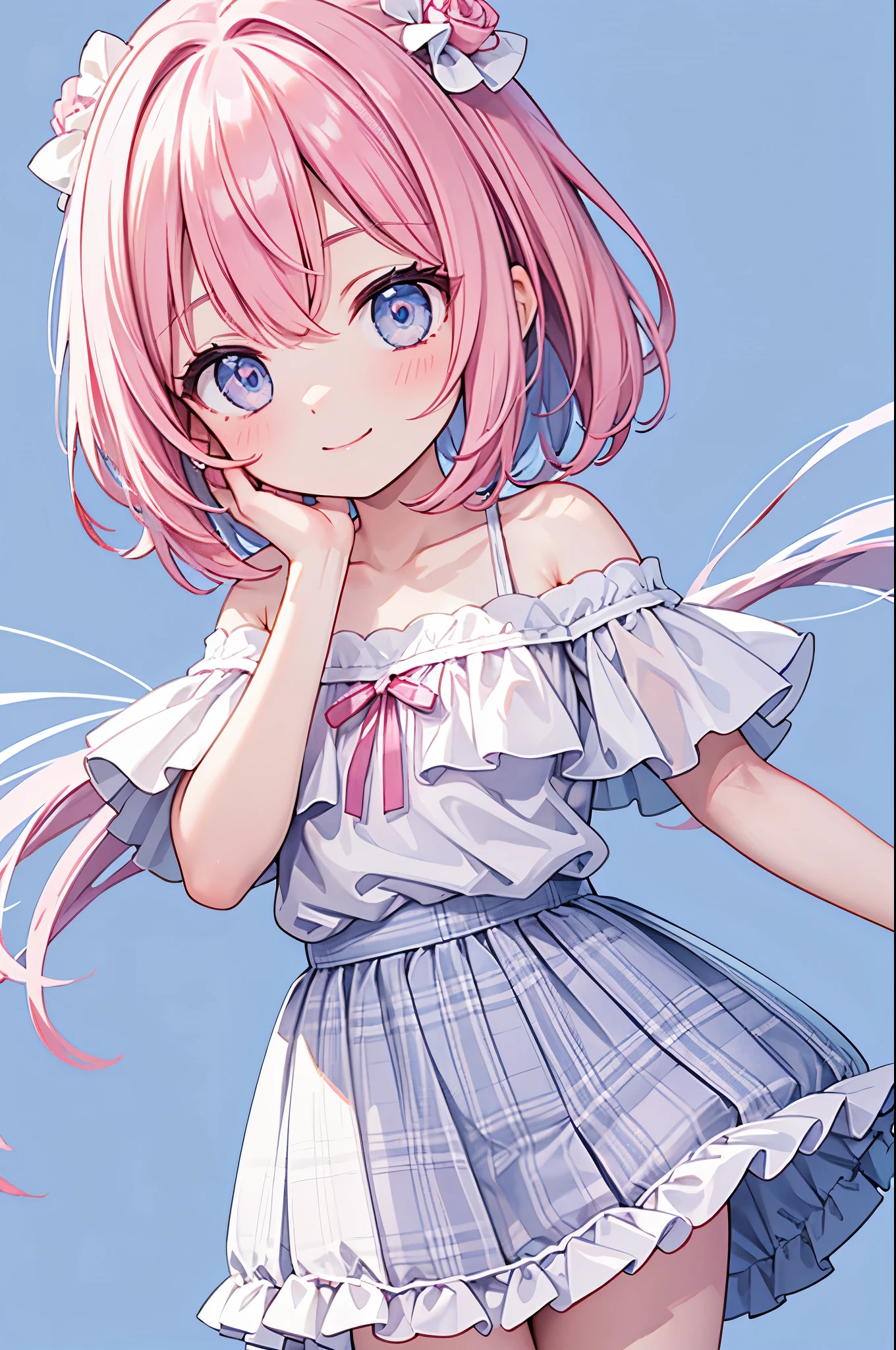 Highest quality,smile,woman,cute,Medium Hair,Pink Hair,Light blue eyes,White off-the-shoulder tops,Checkered mini skirt,Light blue background,Touching your face with your hands,