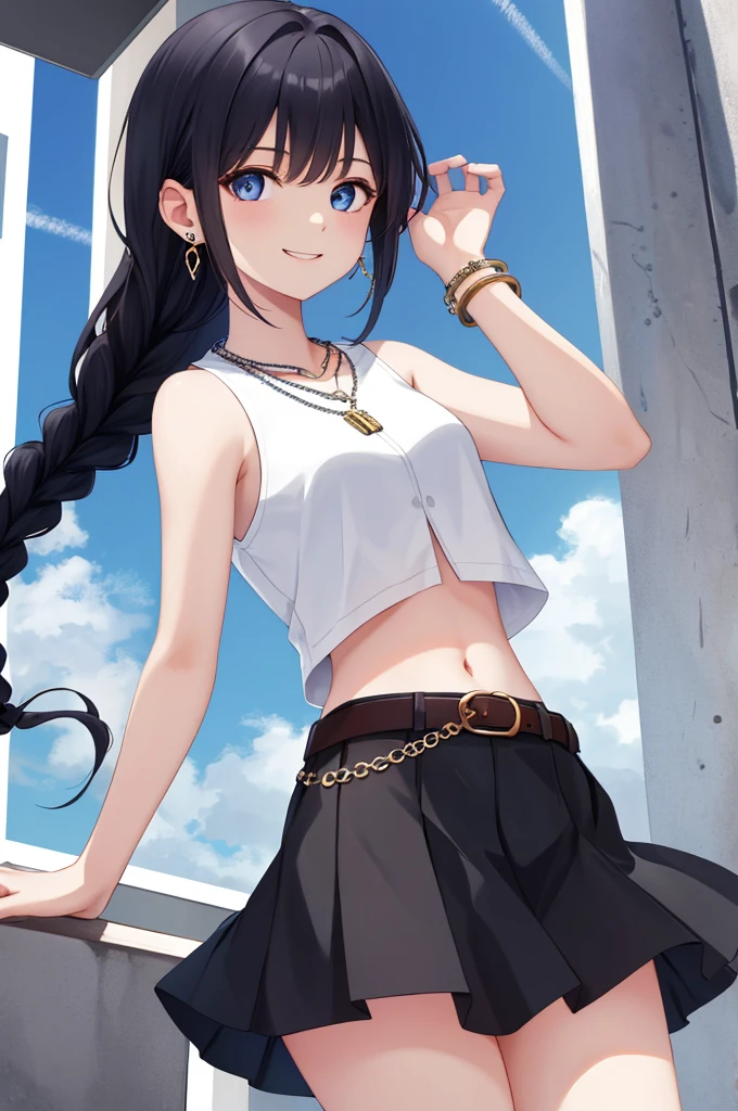 1 girl, solo, skirt, dwarf, navel, stomach, shirt, necklace, mini skirt, sleeveless, jewelry, earrings, thighs, braid, belt, sky, undershirt, dark blue eyes, black hair, smile