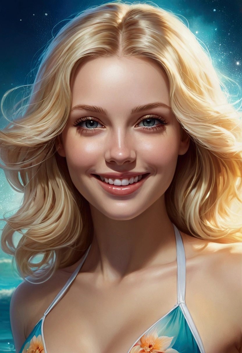 A stunning portrait of the beauty of Anna Dittman, dressed in a bikini, close up of the face, frontview blond hair. just the face, while she looks directly at the viewer with an enchanting smile, realistic picture (1, 4).
