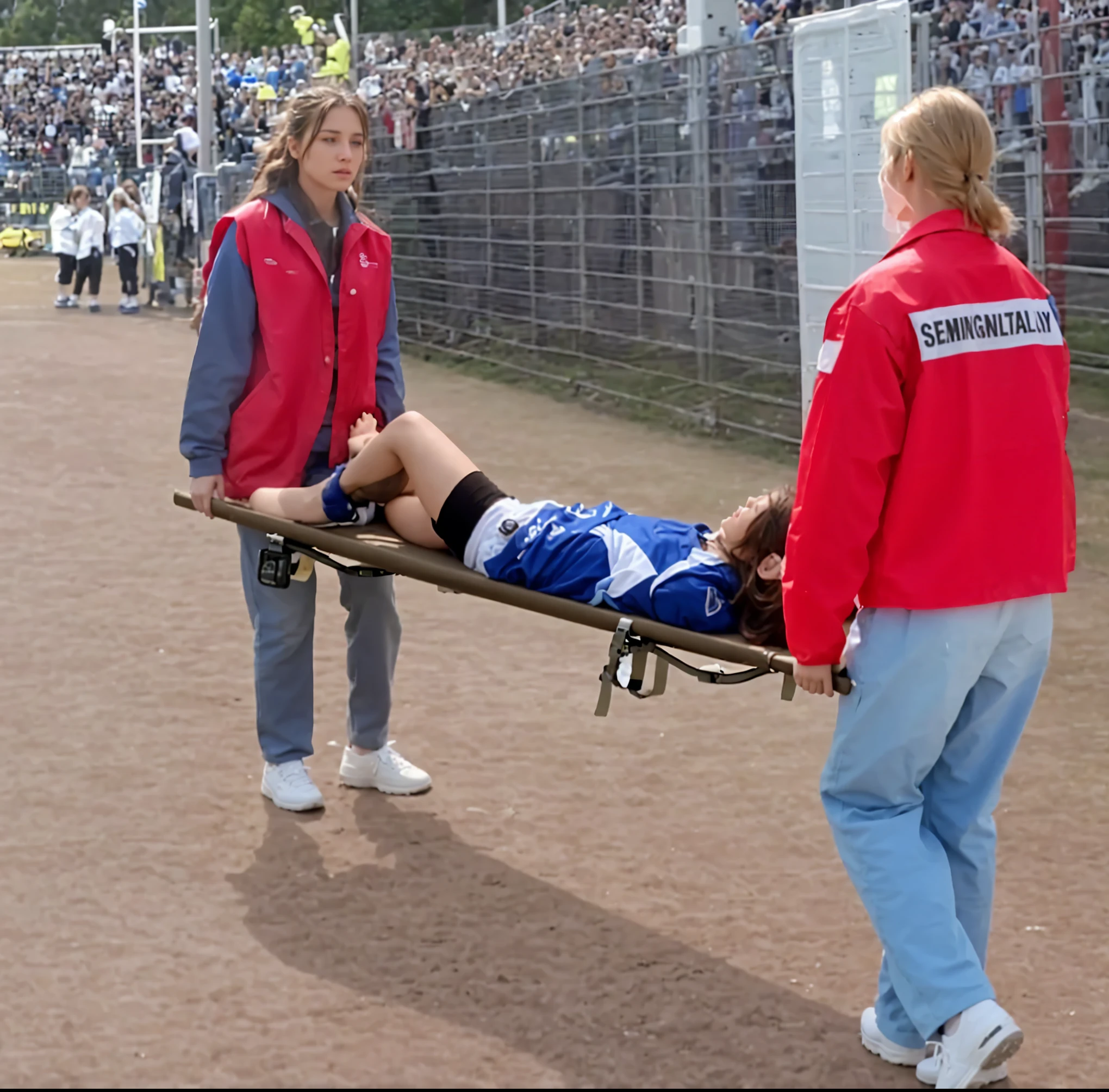 young ambulancewomen, ambulancewomen are carrying a man on a stretcher, realistic scene, injured, realistic shot, photo - shot, over-shoulder shot, edited, a beautiful, hurt, an illustration, in the background, dramatic scene, heartbreaking, special, carrying a tray, real photo, professional shot, a long-shot, There is a man lying on a stretcher with his hands crossed over his face, a man in a t-shirt and sports shorts has crossed his hands over his face, the man has an agonised face under his hands, two longhaired and ponytailed women that are wearing very shiny coats, there are longhaired women wearing laquered puffy coats, longhaired women are walking in wetlook puffy coats, several women walking around a football field with an injured athlete on a stretcher, the injured athlete on the stretcher covers his face with both hands, the women look very worried, behind the women there is a frightening atmosphere, there is heavy rainfall in the background, video still, behind the scenes, Malika Favre, screenshot, footage, 4 0 9 6, cover photo, aesthetic shot, dramatic mood, intense scene, Making of, Mongezi Ncaphayi, Thriller atmosphere, Filming, Edited