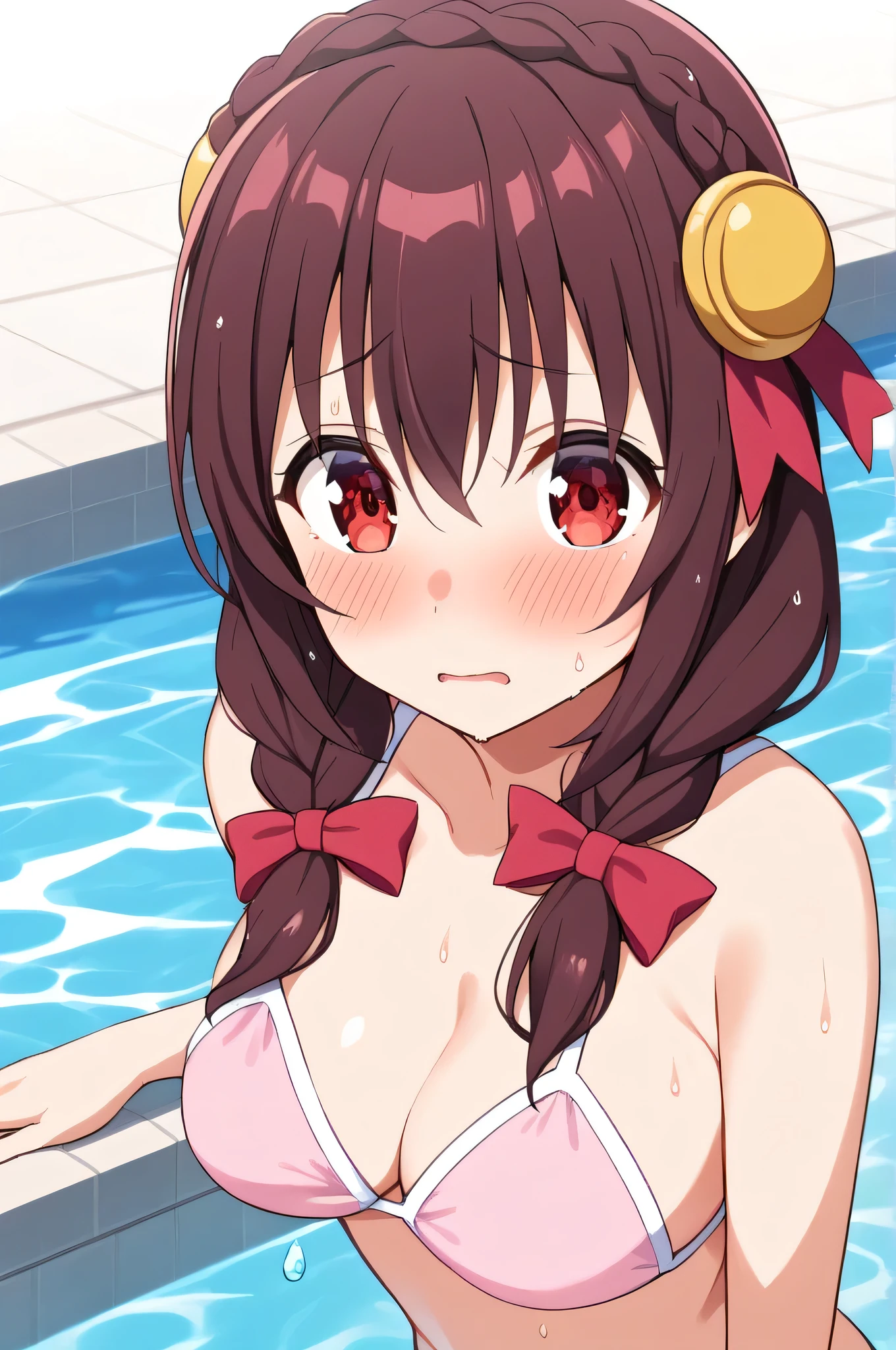 alone, One girl, Yunyun、(blush:1.2) 、View your viewers, Crown braids of the same color as your hair, Red Eyes、hair ornaments, Hair Ribbon, (White and pink bikini)、(Poolside)、So wet、(Worried look:1.5)、(Lots of splashes:1.2)