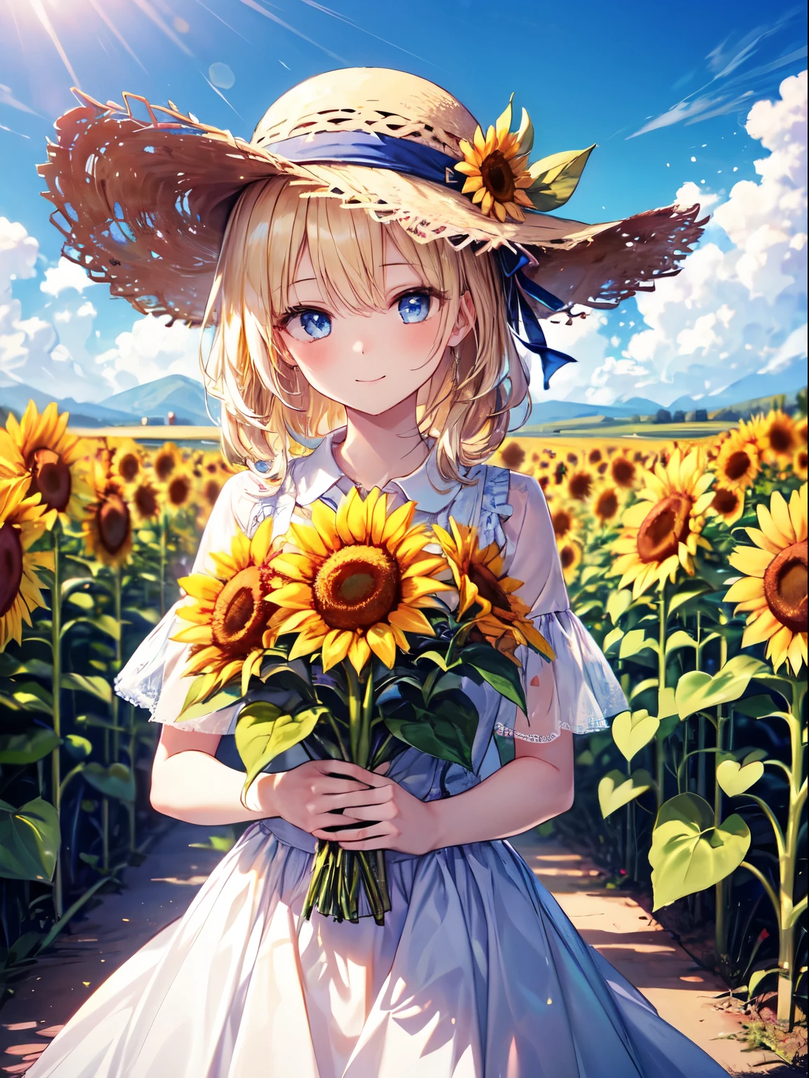 (masterpiece, High quality), (1 girl,), a hat, beautiful sunflower, sunflower field, sunflower field, on a sunny day, Blue_sky, arms behind back, Blonde hair,Blue eyes、smile、The right hand holds the straw hat