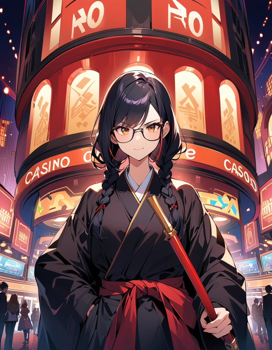 1girl, solo, Cool girl, Putting Pipe, kimono style red gold black coat on black suit, casino, glasses, long straight black hair, small sword at the waist, girl standing, (looking at viewer), portrait, braids, serious smile face, beautiful best proportions body, 