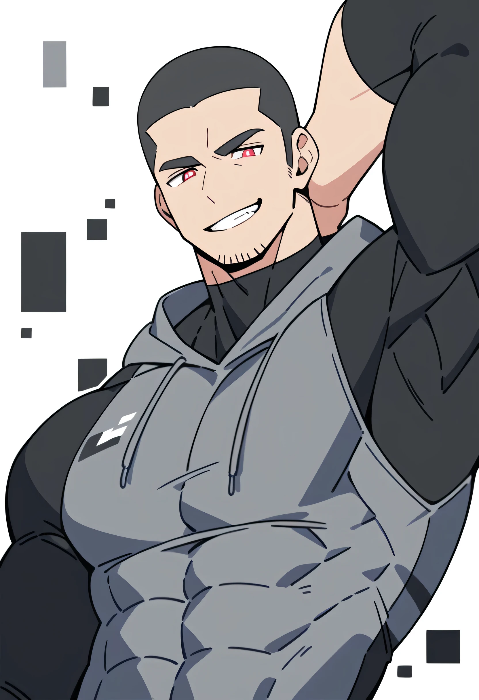 anime characters:Priapus, Black Black Skin Muscle Sports Student, Buzz Cut,Manliness, male focus, Sports tight hooded sweatshirt, Under Armour Brand, Wear a high-necked tights underneath, Very tight, Huge pectoral muscles, muscular male, muscular, Perfect muscular waist, only, Upper body, alone, Red short hair, Thick eyebrows, stubble, Brown-red pupils, White background, Solid color background, Clean background, simple background, amazing quality, best aesthetics, Ridiculous, crew cut, smirk, bright pupils, grin, negative space, negative space, best quality