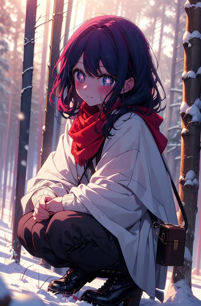 aihoshino, Ai Hoshino, Long Hair, bangs, (Purple eyes:1.1), Purple Hair, (Symbol-shaped pupil:1.5), smile,,smile,blush,white breath,
Open your mouth,snow,Ground bonfire, Outdoor, boots, snowing, From the side, wood, suitcase, Cape, Blurred, , forest, White handbag, nature,  Squat, Mouth closed, Cape, winter, Written boundary depth, Black shoes, red Cape break looking at viewer, Upper Body, whole body, break Outdoor, forest, nature, break (masterpiece:1.2), Highest quality, High resolution, unity 8k wallpaper, (shape:0.8), (Beautiful and beautiful eyes:1.6), Highly detailed face, Perfect lighting, Highly detailed CG, (Perfect hands, Perfect Anatomy),