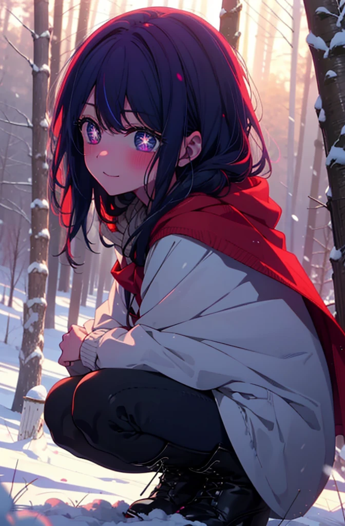 aihoshino, Ai Hoshino, Long Hair, bangs, (Purple eyes:1.1), Purple Hair, (Symbol-shaped pupil:1.5), smile,,smile,blush,white breath,
Open your mouth,snow,Ground bonfire, Outdoor, boots, snowing, From the side, wood, suitcase, Cape, Blurred, , forest, White handbag, nature, Squat, Mouth closed, Cape, winter, Written boundary depth, Black shoes, red Cape break looking at viewer, Upper Body, whole body, break Outdoor, forest, nature, break (masterpiece:1.2), Highest quality, High resolution, unity 8k wallpaper, (shape:0.8), (Beautiful and beautiful eyes:1.6), Highly detailed face, Perfect lighting, Highly detailed CG, (Perfect hands, Perfect Anatomy),