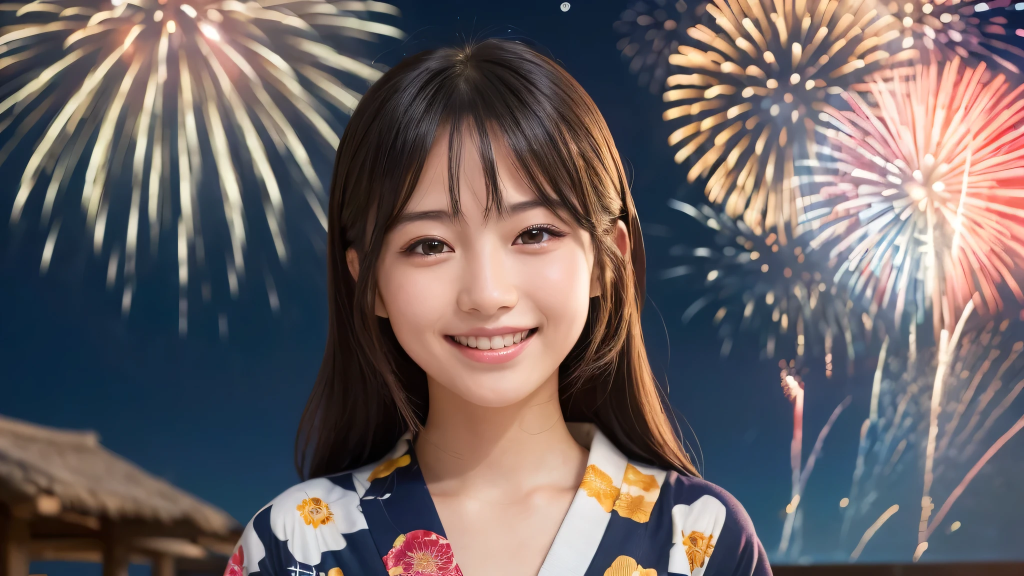 kawaii, (1girl), (happy smile:1.2), (yukata), (Best Quality:1.4), Realistic, extremely detailed CG unified 8k wallpaper, highly detailed, High-definition raw color photos, professional photography, Close up portrait of girl, Outdoors, Beautiful scenery, beach, (The night sky, fireworks, beautiful fireworks spreading across the sky:1.4), upper body photos, A wonderful, (Fine face:1.2),