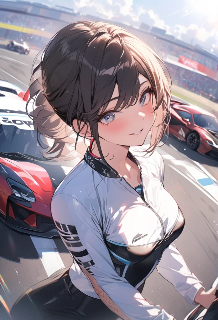 Race Queen、Sports car background、Stylish、muscular、Bob、Dynamic Angle、sunlight、masterpiece