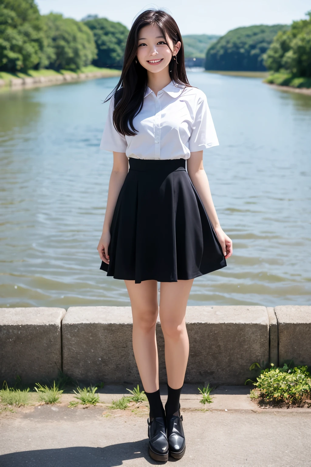Standing near a deserted river、High school girls、Cute face like an idol、Long black hair、Summer clothemiling、Full body portrait