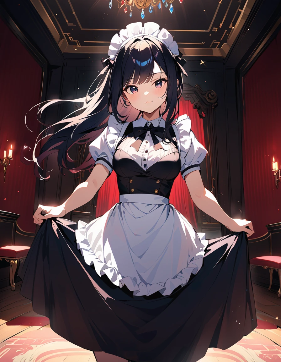 Girl, stylish black long hair, :3, maid uniform, skirt, middle breasts, slender, royal bedroom background, turning, best proportions body, (cinematic lighting),