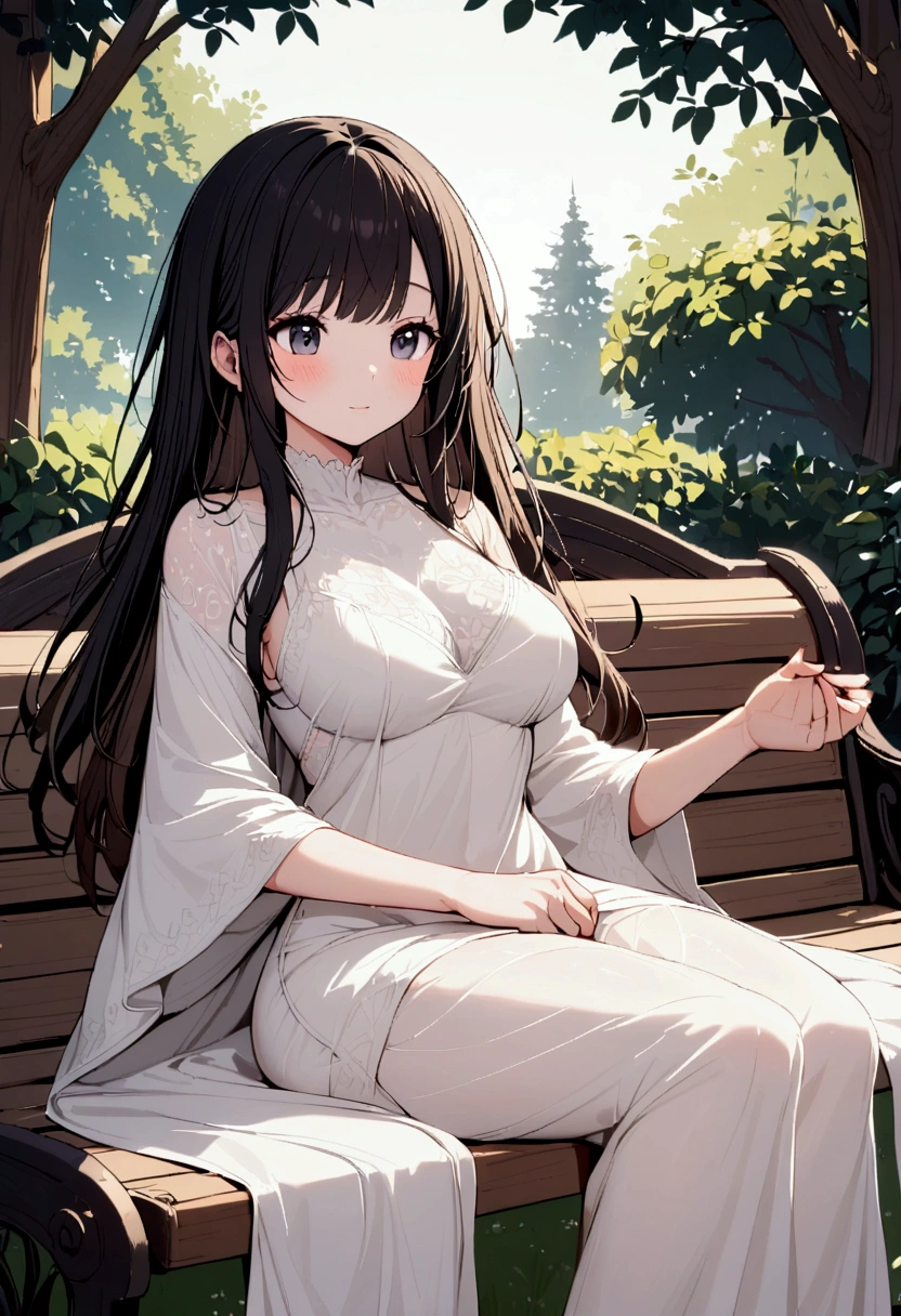 A girl relaxing wood bench in the garden , beautiful, cute, long black natural hair, sheer clothe wear short