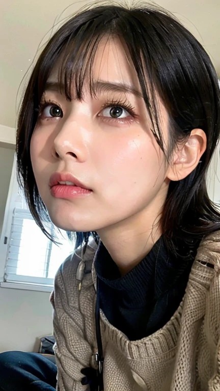 (Highest quality,masterpiece:1.3,Ultra-high resolution),(Very detailed,Caustics,8k),(Realistic:1.4,RAW shooting),(A girl with a displeased expression puffing out her cheeks),Bedroom,Sit on the bed,Look forward,18-year-old,Japanese,cute,Black short hair,Watery eyes,Shining Tears,Upward glance,Looking into the camera,sweater,big ,Face Focus,Face close-up,Bust up shot,(High position),(High Angle),Natural light,Angle from below,Looking at the ceiling from below,Spotlight on your nostrils,Nose hook,White teeth,