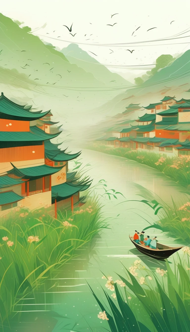 Qingming Festival Chinese countryside, plants and flowers, swallows, wicker, rice field, light rain, river, bright, spring green, bright background, blank at the top of the frame, flat illustration, Victo Ngai style