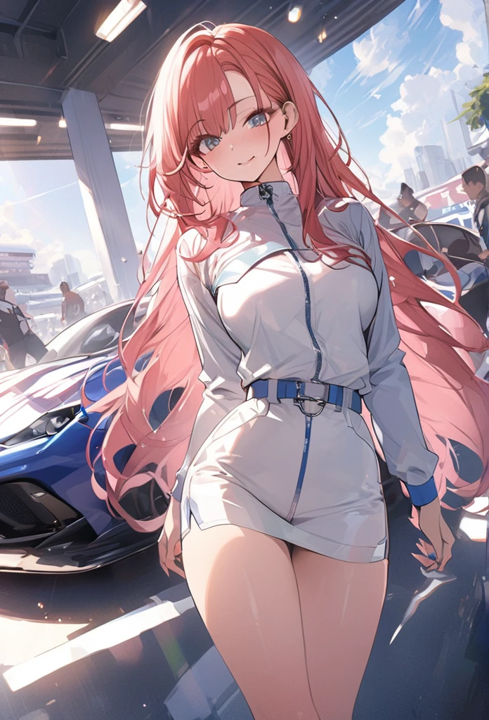 Race Queen、Sports car background、Stylish、muscular、Straight long hair、Dynamic Angle、sunlight、masterpiece
