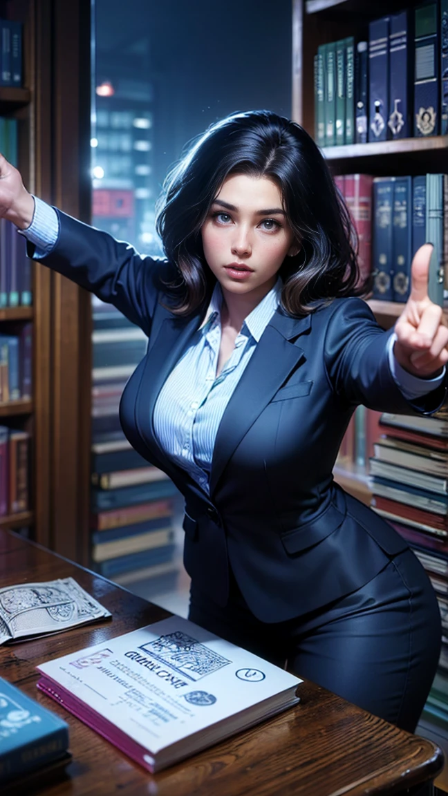 top quality, future world, State-of-the-art robot, Beautiful Woman, flying hair, Transformed into a cyborg except for the face, whole body photo, (((lawyer, law court, law related thick books on table, libra on table, suit, in office, pointing to criminals )))