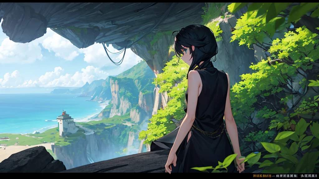 One girl small , Black hair, black dress, black tentacles on the back, on a cliff, on an island, rich in nature, looking out, Green Eyes