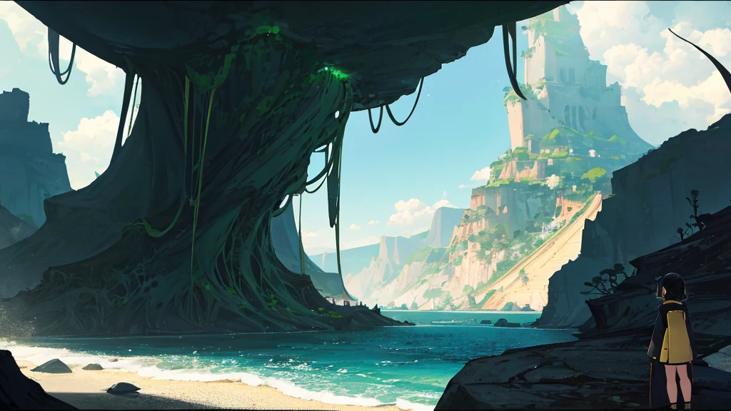 One girl small , Black hair, black dress, black tentacles on the back, on a cliff, on an island, rich in nature, looking out, Green Eyes