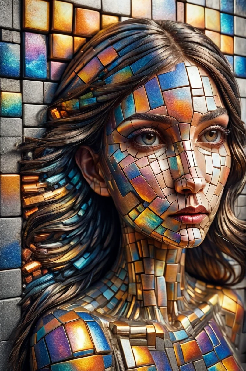 mural of a woman in the style of hundertwasser made of separate tiles, multiple exposure photography, double exposure, woman portrait and universe, perfect composition, street photography style, beautiful woman, 3d textures, 3d blocks, 3d shadows ral-bismut,  ral-opal  (masterpiece:1.2), best quality