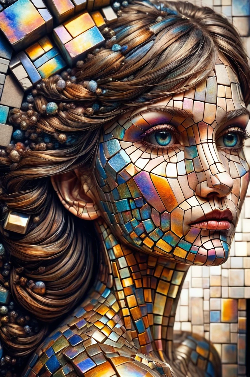 mural of a woman in the style of hundertwasser made of separate tiles, multiple exposure photography, double exposure, woman portrait and universe, perfect composition, street photography style, beautiful woman, 3d textures, 3d blocks, 3d shadows ral-bismut,  ral-opal  (masterpiece:1.2), best quality