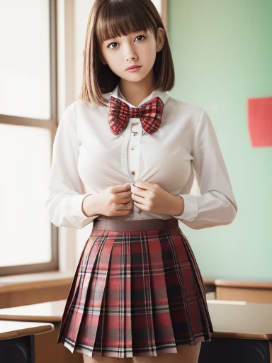 Highly detailed CG Unity 8K wallpaper、highest quality、super detailed、masterpiece、studio photography、soft focus、soft atmosphere、realistic、Photoreal、(big and full breasts:1.5)、Highly detailed cute girl、solo、18-year-old、Japanese、melancholy look, brown hair、Long bob cut hair、
(school uniform:1.2), (wearing a white shirt,:1.3), (red bow:1.3), (plaid pleated skirt:1.3), School classroom on background、out of focus、Blur、