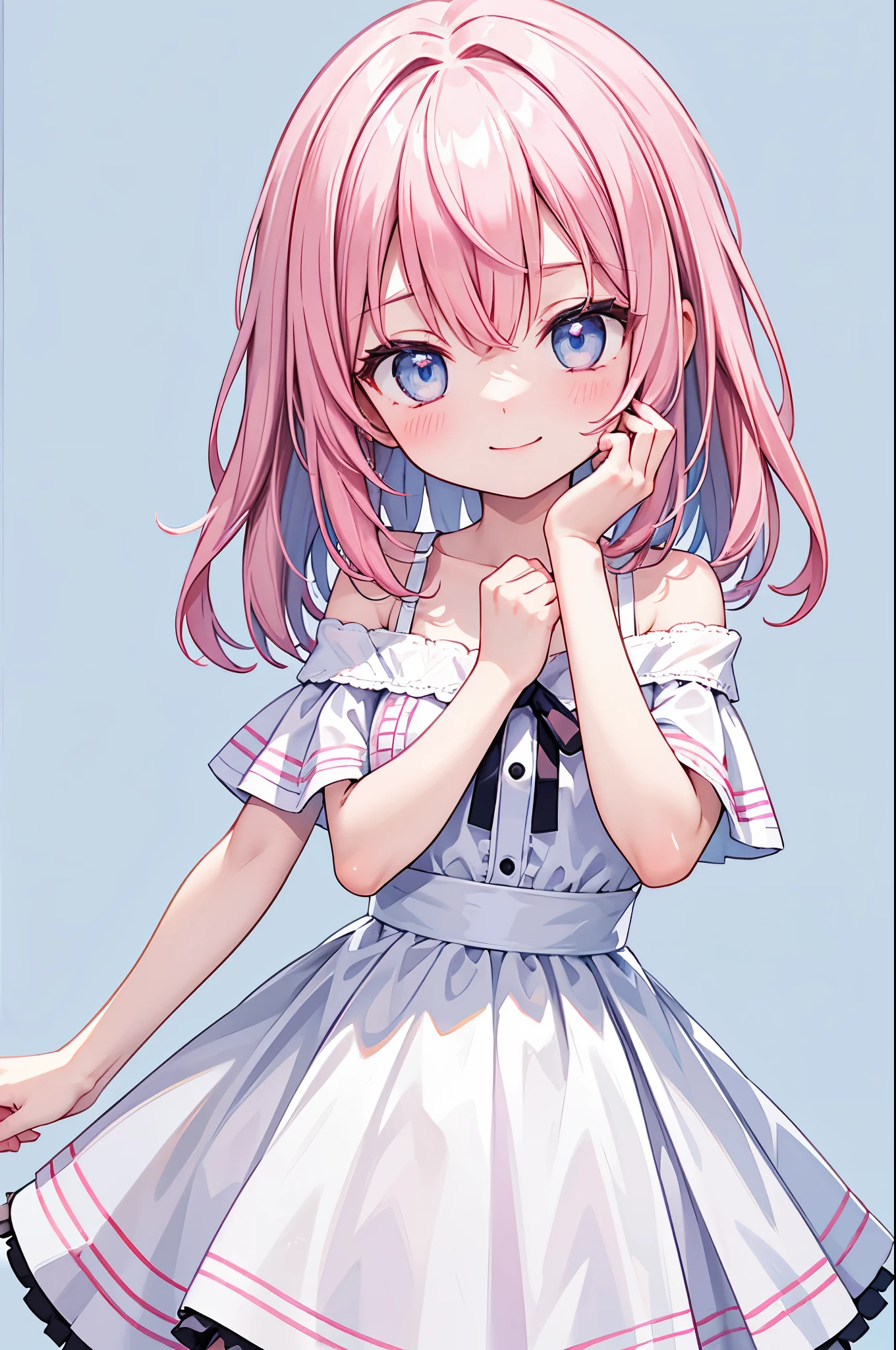 Highest quality,smile,woman,cute,Medium Hair,Pink Hair,Light blue eyes,White off-the-shoulder tops,Checkered mini skirt,Light blue background,Touching your face with your hands,