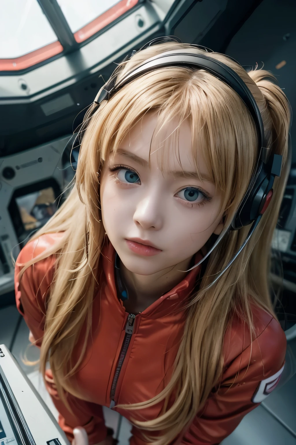 (Bird-eye perspective),dynamic angle,ultra detail, illustration, enlargement, In the future too, 1 girl, 
 ((Soryu Asuka Langley, interface headset, red jumpsuit:1.4, blond hair)),Her eyes shone like stargazer stars,(Glare:1.233),(beautiful and delicate eyes:1.1),(no expression,closed mouth),(standing), 
(Mechanical room with tools and spaceship windows in white spaceship),
(night:1.2),stargazer, [[delicate fingers and hands:0.55]::0.85],(Detail Fingers), naked