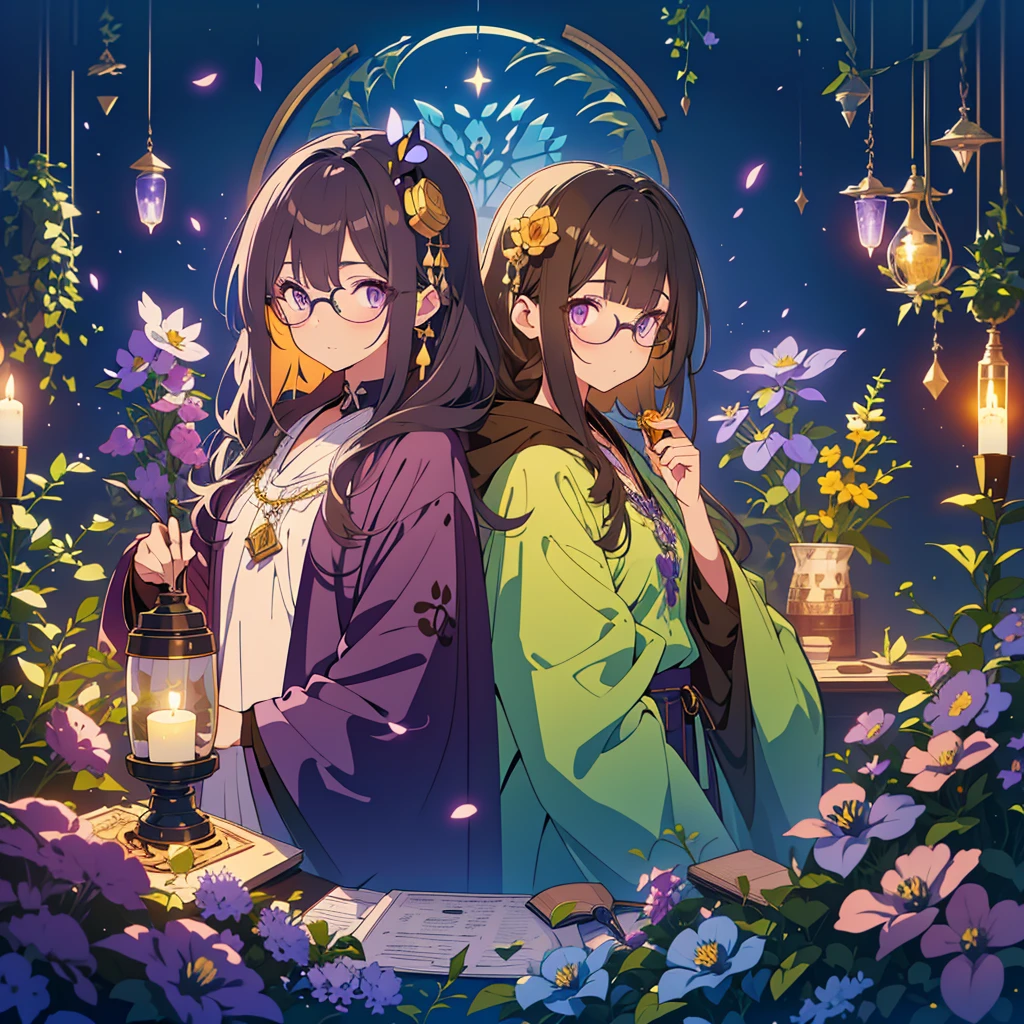 kawaii, anime, Cute, hyper quality, highly detailed, 8k, Clarity, Draw faicial expressions in detail, Two girls with long dark brown hair, One of the girls has green eyes, One of the girls has golden eyes, black witch robe costume, Bell-shaped aconite flowers are in full bloom., in the dark forest, Bell-shaped purple aconite flowers, Stinking eyes, bird's eye view, creepy look, make a magic potion, Holding a test tube containing an ominous black liquid in his hand, Glowing butterflies dance around, pale light of fireflies, whole body, Half of his face is hidden by a pitch black hooded robe., aura of darkness, holding a flask containing a poisonous liquid, bell-shaped aconite flower, experiment, Magic potion research, highlight on eyes, dark magic, aconite, purple aconite, Aconite flowers at my feet, Aconite flower close up in the foreground, experiment tools, glasses, upward glance,
